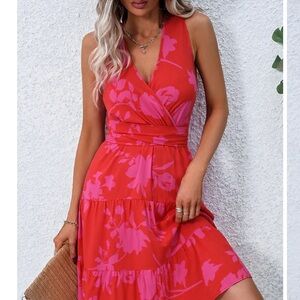 Beachsissi Red and Pink Sleeveless V-neck Dress with tie